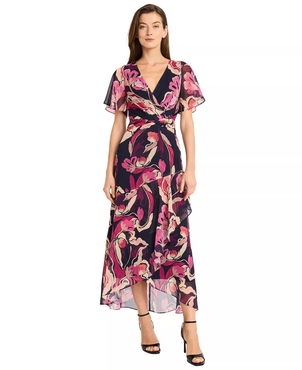 Maggy London Women's Printed V-Neck MIDI Fit & Flare Dress - Black/Appricot, 10